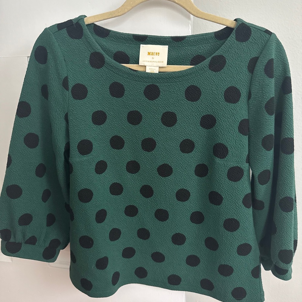 Anthropologie Forest Green Blouse with Black Dots